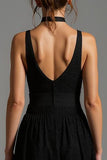 Col V Noir Trapèze Dos Nu Robe Longue Formelle avec Dentelle