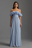 Robe formelle en mousseline de soie à épaules froncées bleu ciel avec volants