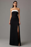 Robe longue formelle sans bretelles noire et blanche fourreau avec fente