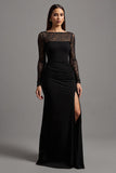 Illusion Neck Noir Fourreau Manches Longues Robe Formelle avec Fente
