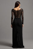 Illusion Neck Noir Fourreau Manches Longues Robe Formelle avec Fente