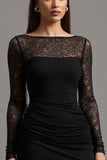 Illusion Neck Noir Fourreau Manches Longues Robe Formelle avec Fente