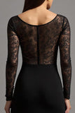 Illusion Neck Noir Fourreau Manches Longues Robe Formelle avec Fente