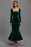 Sirène en velours vert foncé à manches longues Robe de fête des Fêtes