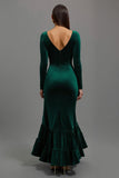 Sirène en velours vert foncé à manches longues Robe de fête des Fêtes
