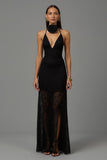 Robe longue formelle fourreau noir à col en V avec dentelle