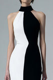 Robe formelle midi fourreau noir et blanc à col haut avec fente