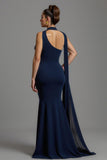 Écharpe à col en satin bleu marine sirène Robe longue formelle