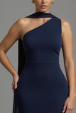 Écharpe à col en satin bleu marine sirène Robe longue formelle