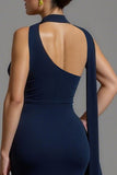 Écharpe à col en satin bleu marine sirène Robe longue formelle
