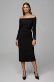 Robe de travail midi midi à épaules dénudées en satin noir avec manches