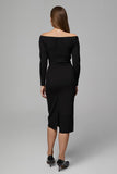 Robe de travail midi midi à épaules dénudées en satin noir avec manches
