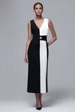 Robe longue de travail crayon à col en V noir et blanc avec ceinture