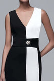 Robe longue de travail crayon à col en V noir et blanc avec ceinture