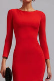 Robe de travail midi sirène à manches longues en satin rouge avec volants