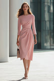 Robe de travail midi à manches 3/4 froncée fourreau rose