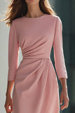 Robe de travail midi à manches 3/4 froncée fourreau rose