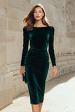 Robe de travail midi en velut froissé vert foncé avec manches longues