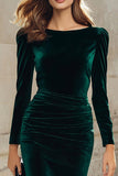 Robe de travail midi en velut froissé vert foncé avec manches longues