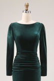 Robe de travail midi en velut froissé vert foncé avec manches longues