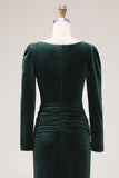 Robe de travail midi en velut froissé vert foncé avec manches longues