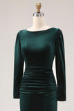 Robe de travail midi en velut froissé vert foncé avec manches longues