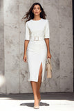 Robe de travail midi fourreau ivoire avec ceinture