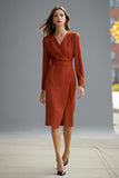 Robe de travail midi à manches longues à col en V rouge