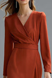 Robe de travail midi à manches longues à col en V rouge
