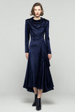 Robe de travail à manches longues à col bénitier bleu marine avec ceinture