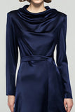 Robe de travail à manches longues à col bénitier bleu marine avec ceinture