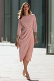 Robe de travail midi à manches 3/4 froncée fourreau rose