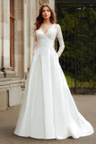 Ivoire Col V Une Ligne Manches Longues Robe de mariée avec dentelle