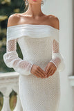 Robe de mariée à manches longues fourreau ivoire à épaule dénudée
