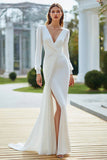 Ivoire Col en V Fourreau Manches Longues Robe de mariée avec ceinture