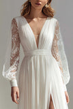 Ivoire V-Neck A Ligne Manches Longues Robe de mariée avec fente