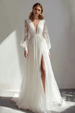 Ivoire V-Neck A Ligne Manches Longues Robe de mariée avec fente