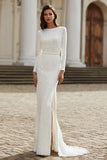 Robe de mariée à manches longues à col bateau ivoire scintillant
