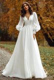 Robe de mariée à manches longues à col en V ivoire