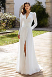Ivoire à manches longues Une ligne froncée Robe de mariée longue