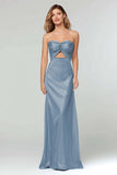 Robe longue formelle bustier gaine bleu ciel découpée