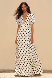 Blanc Noir À Pois Une Ligne Wrap Robe Longue Formulante Avec Manches