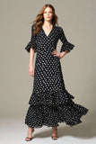 Noir Blanc À Pois À Volants Une Ligne Longue Formelle Robe Formelle Avec Manches