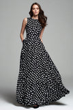 Noir Blanc À Pois Une Ligne Col Rond Robe Longue Formelle Avec Poche