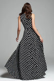 Noir Blanc À Pois Une Ligne Col Rond Robe Longue Formelle Avec Poche