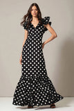 Noir Blanc À Pois Une Ligne Col en V Robe Longue Formelle avec Volants