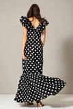 Noir Blanc À Pois Une Ligne Col en V Robe Longue Formelle avec Volants