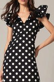 Noir Blanc À Pois Une Ligne Col en V Robe Longue Formelle avec Volants