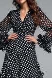 Noir Blanc Point Une Ligne Robe Longue Formulée à Volants Avec Manches