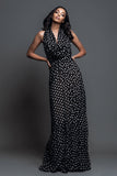 Noir Blanc À Pois Une Ligne Dos Nu Robe Longue Formulante
